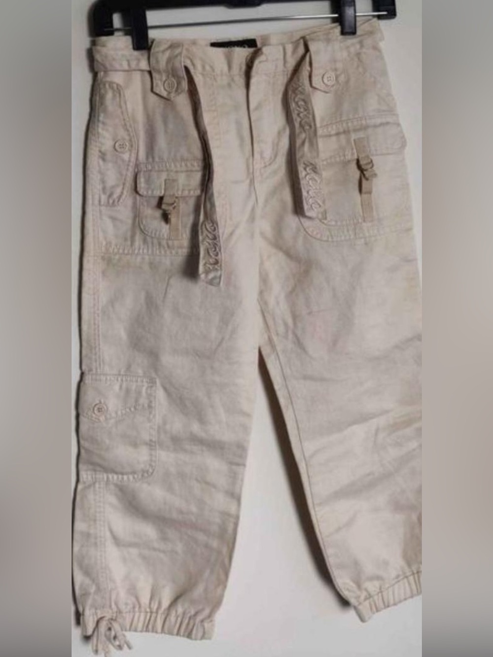 EUC XOXO Women's Cropped Cargo Khaki Pants, Multiple Pockets, Zipper & Tie Waist